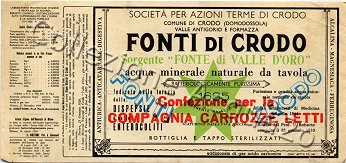Fonti di Crodo (analisi 1969) Sorgente "Fonte di Valle d'Oro" - confezione per la Compagnia Carrozze Letti- vetro Friz 0,44 L