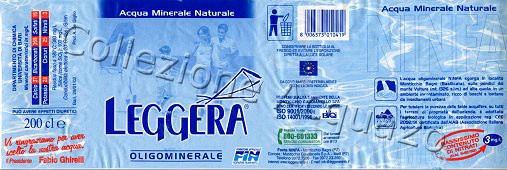 Leggera Fonte Ninfa (analisi 2002) -"bassissimo contenuto di nitrati" "vi ringraziamo per aver scelto la nostra acqua"- PET Nat 2,0 L + 0,5 L