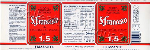 San Francesco (1997) -scritte bianche in riquadro rosso 2 barre orizzontali rosse su fondo bianco fiori verde- pet Friz 1,5 L