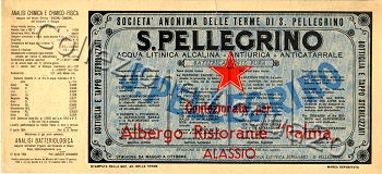 S.Pellegrino (analisi 1954) - Confezionata per Albergo Ristorante Palma Alassio - VE Nat ? L