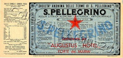 S.Pellegrino (analisi 1954) - Confezionata per Augustus Hotel Forte dei Marmi - VE Nat ? L