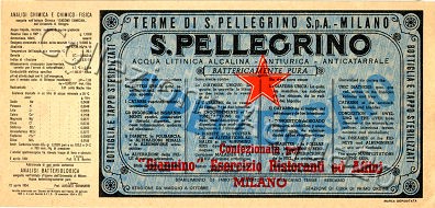 S.Pellegrino (analisi 1954) - Confezionata per Giannino Esercizio Ristoranti ed Affini Milano - VE Nat ? L