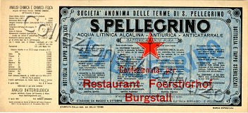 S.Pellegrino (analisi 1954) - Confezionata per Restaurant Foerstlerhof Burgstall - VE Nat ? L