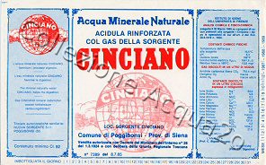 Cinciano (analisi 1985) etichetta celeste - VE -Rinforzata col gas della sorgente- 0,92 L + 0,45 L