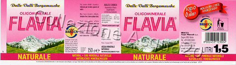 Flavia (analisi 2003) "Dalle Valli Bergamasche - Sodio 0,00007% - Indicata per le diete povere di sodio" PET Nat 1,5 L + 2,0 L