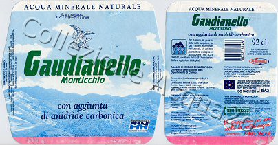 Gaudianello Monticchio (analisi 2002) -Fornitore Ufficiale Federazione Italiana Nuoto- "Vi ringraziamo per aver scelto la nostra acqua" - VE Friz 0,92 L