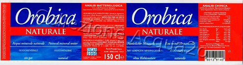 Orobica (analisi 2000) -etichetta con 2 bande bianche lato sup e inf, A.S.L....Dipartimento..., Laboratorio... su 2 righe- PET Nat 1,5 L + 2,0 L